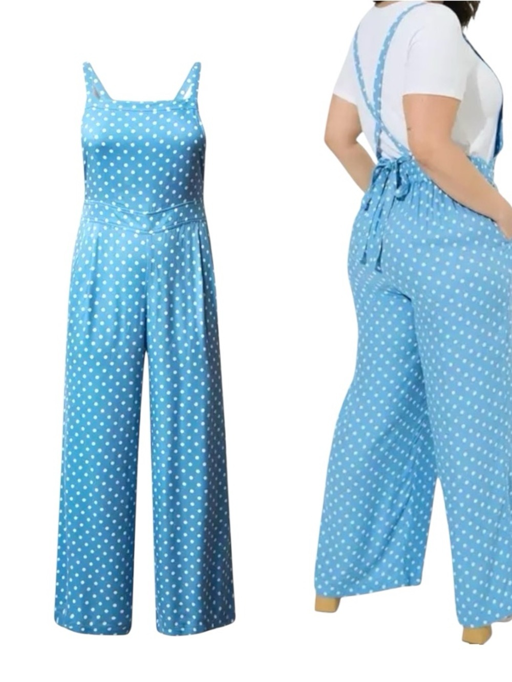 torrid Wide-Leg Jumpsuit Hi Rise Blue Crepe Polka Dot Sz 3XT Feminine Festival
